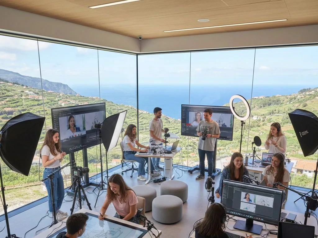 Formação em IA para empresas da Madeira: sessão prática do laboratório PowerLAB com câmaras, ecrãs e vista para o mar